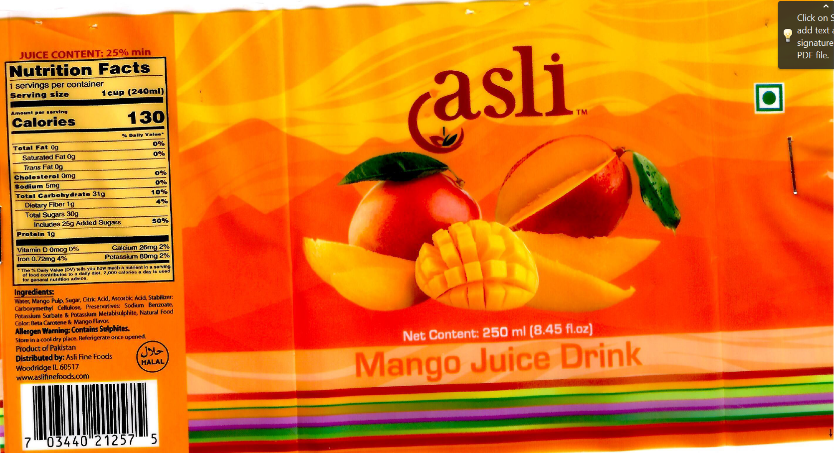 Asli Mango Juice Drink 250 ml x 48 pcs product image