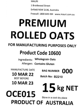 OATS ROLLED 25KG - Grain / Cereal - BLUE LAKE MILLING PTY LTD ...