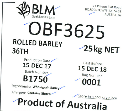 ROLLED BARLEY 25KG - Grain / Cereal - BLUE LAKE MILLING PTY LTD ...