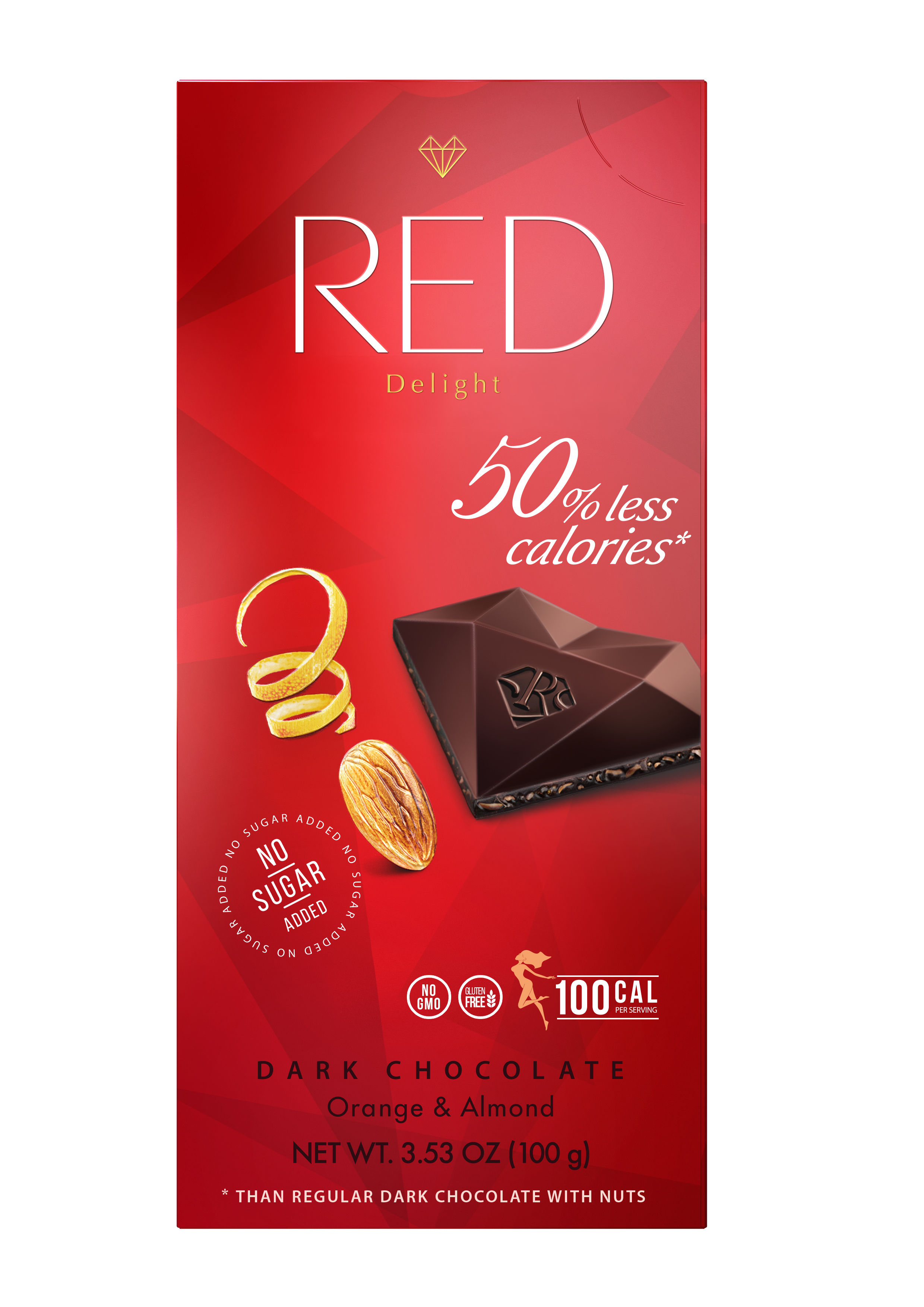 RED Dark chocolate with 50% reduced calories orange & almond product image