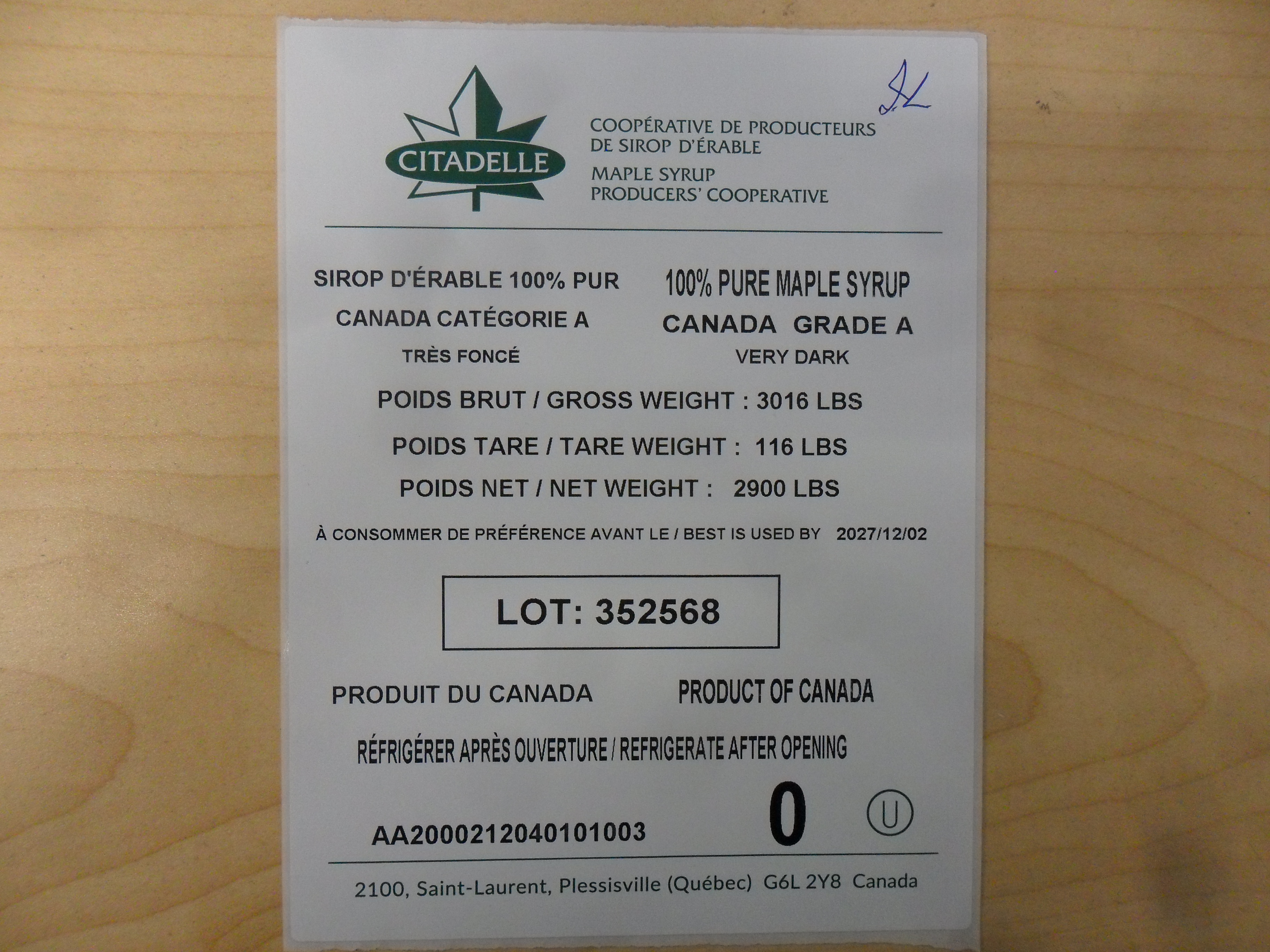 2900 pounds Tote Maple syrup, Reg CAN Grade A Very Dark, Strong Citadelle unit product image