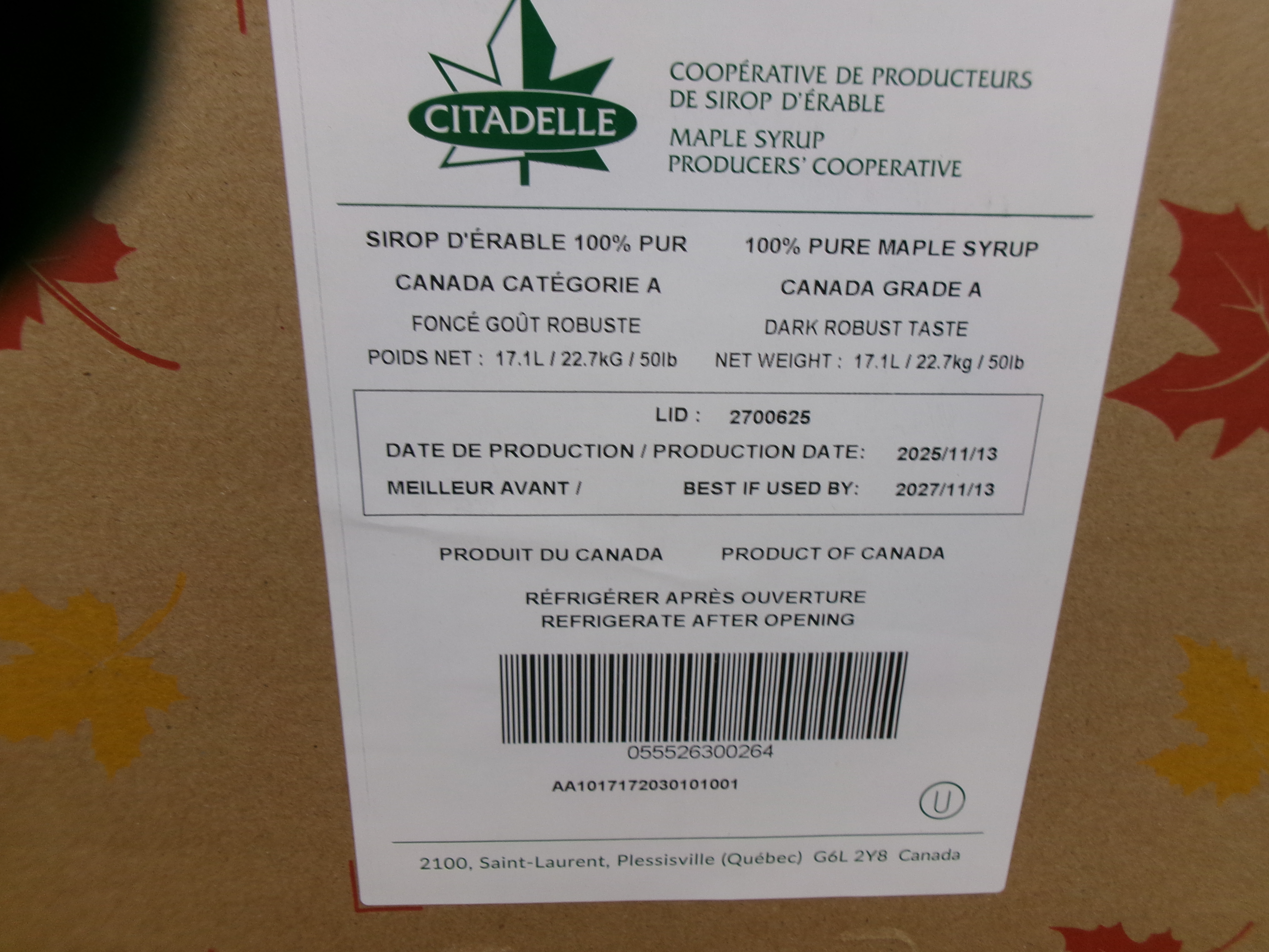 17.1 l / 50 lb Reg Can cat A Dark Robust taste Maple syrup product image