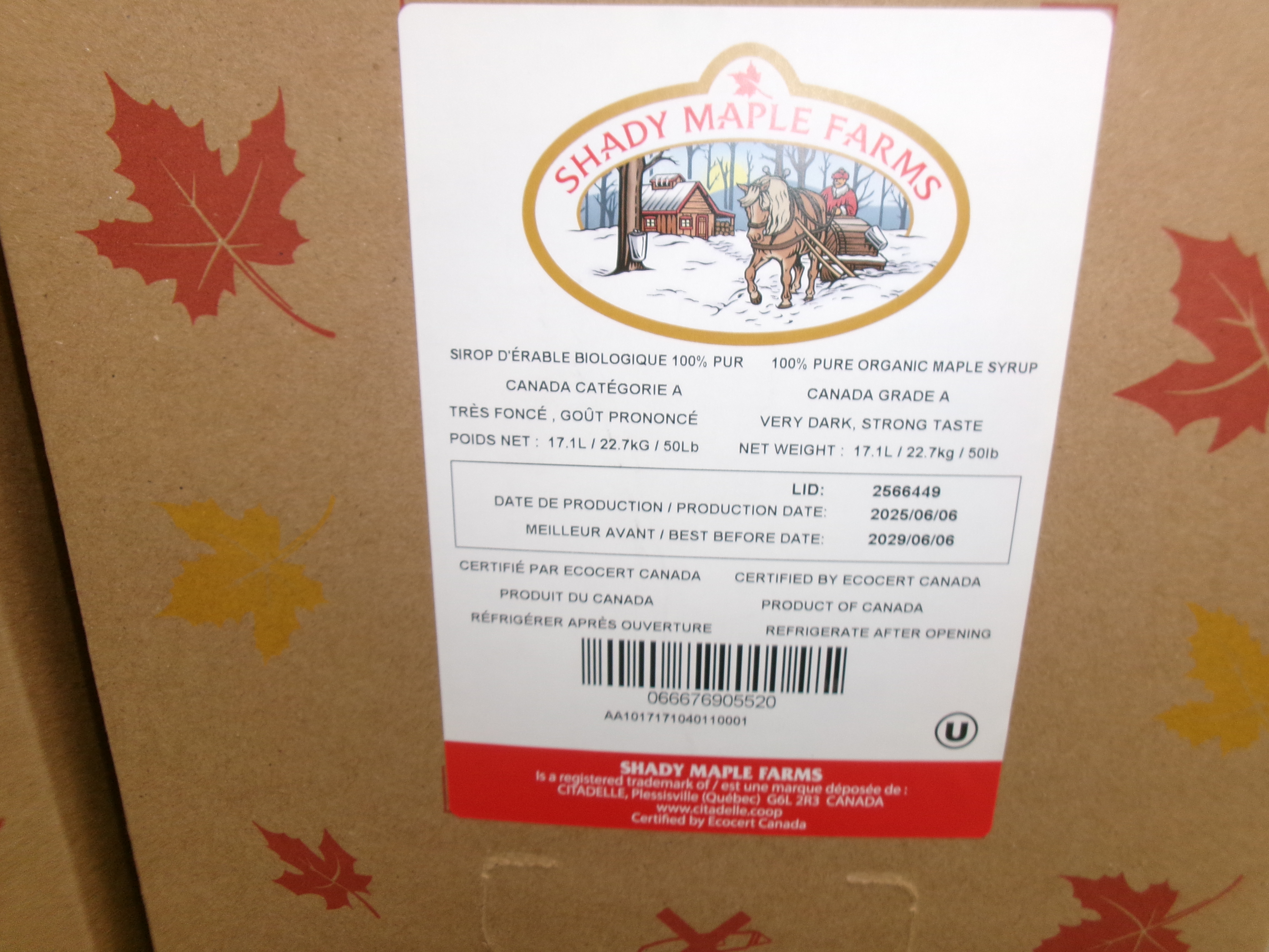 17.1L BIB organic CAN grade A very dark color, strong taste maple syrup SMF product image